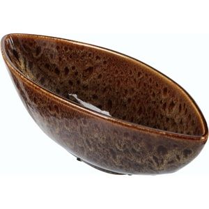 14” Ceramic Boat Bowl Oval Decorative Peacock Feather Brown Red Maroon‎ Tan